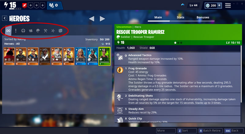 The Hero section Manage interface for Fortnite Save the World.