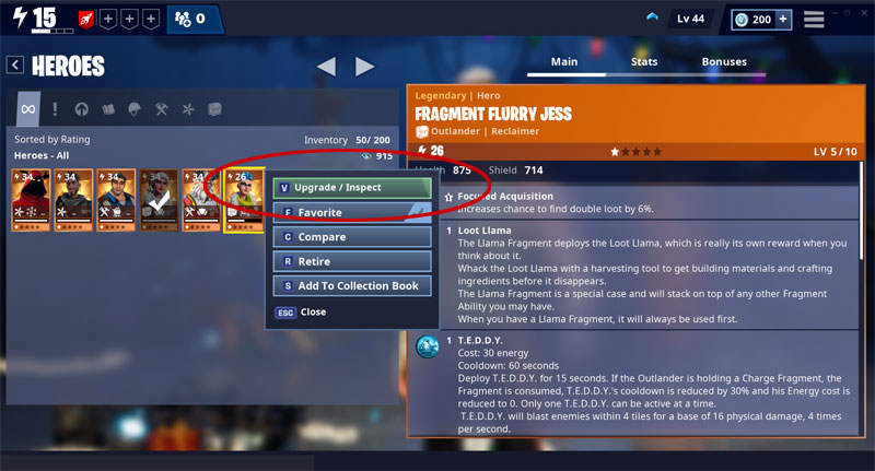 The Upgrade / Inspect Hero option in Fortnite Save the World.