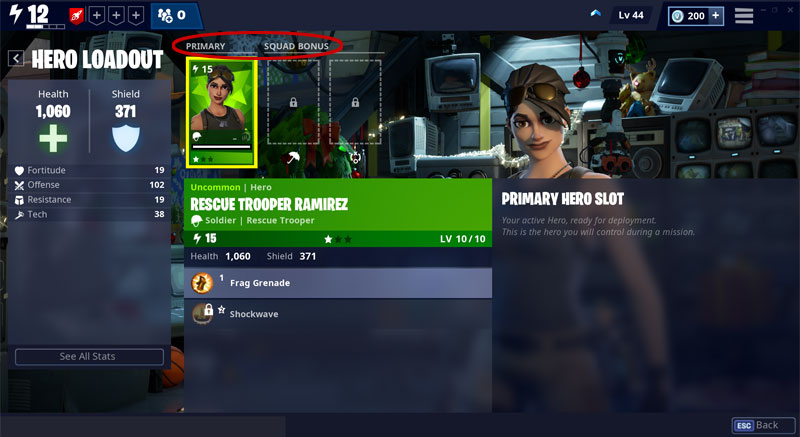 The Hero section in the Fortnite Save the World interface.
