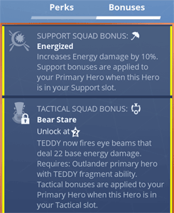 Hero squad bonuses, support and tactical.