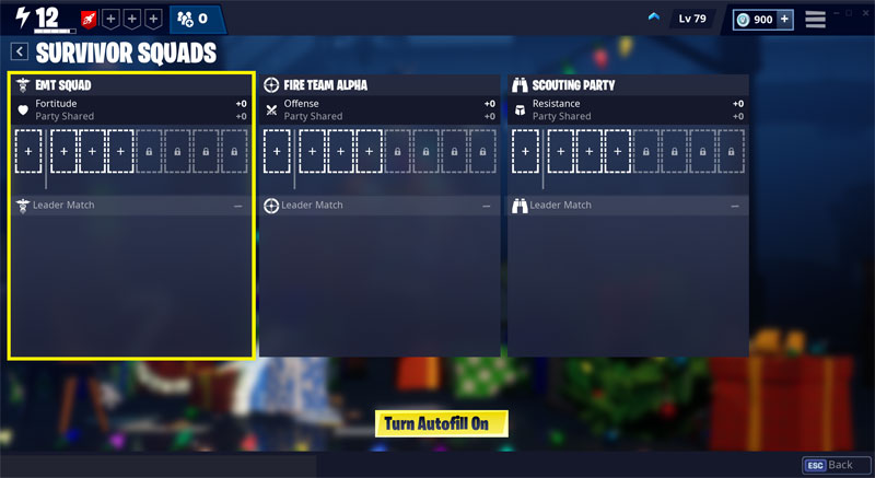 The Survivor Squads section in the Fortnite Save the World interface.